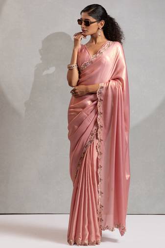 Pink heavy zarkan handwork satin georgette saree with blouse piece