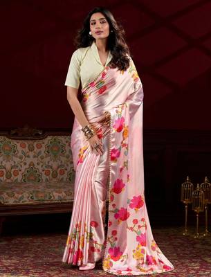peach satin floral printed saree with blouse 1