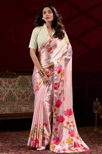 peach satin floral printed saree with blouse