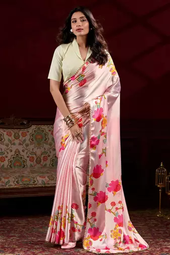 peach satin floral printed saree with blouse