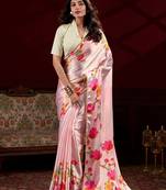 peach satin floral printed saree with blouse