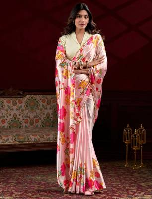 peach satin floral printed saree with blouse 2