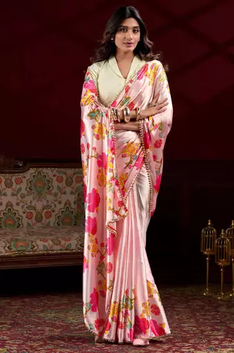 peach satin floral printed saree with blouse