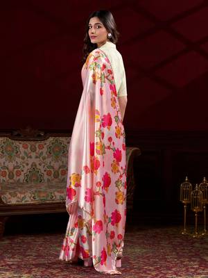 peach satin floral printed saree with blouse 3