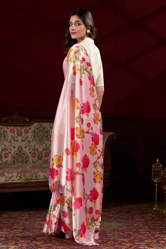 peach satin floral printed saree with blouse
