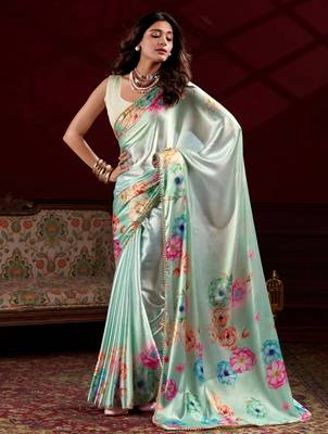pista green floral printed satin saree with blouse 1