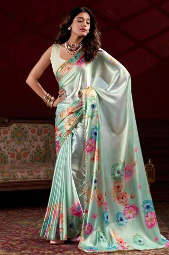 pista green floral printed satin saree with blouse