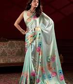 pista green floral printed satin saree with blouse