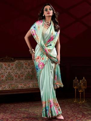 pista green floral printed satin saree with blouse 2