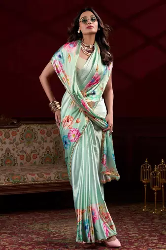 pista green floral printed satin saree with blouse