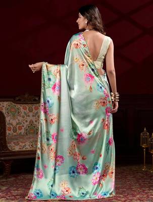 pista green floral printed satin saree with blouse 3