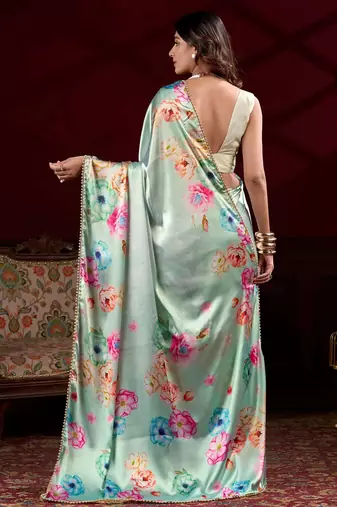 pista green floral printed satin saree with blouse