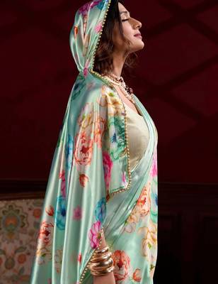 pista green floral printed satin saree with blouse 4