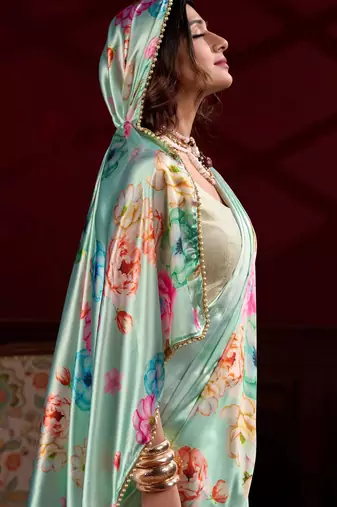 pista green floral printed satin saree with blouse