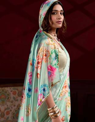 pista green floral printed satin saree with blouse 5