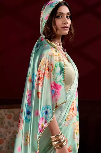 pista green floral printed satin saree with blouse