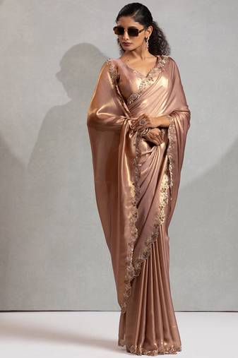 Peach heavy zarkan handwork satin georgette saree with blouse piece