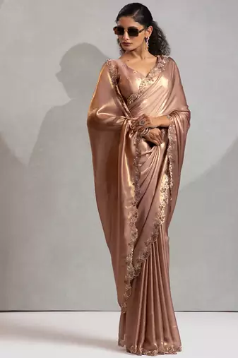 Peach heavy zarkan handwork satin georgette saree with blouse piece