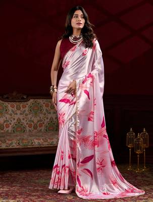 light pink satin pearl work saree with blouse 1