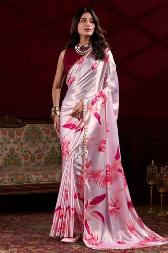 light pink satin pearl work saree with blouse