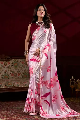 light pink satin pearl work saree with blouse