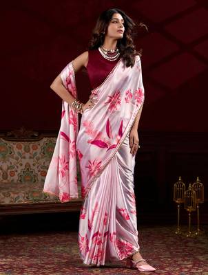 light pink satin pearl work saree with blouse 2