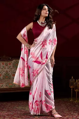 light pink satin pearl work saree with blouse