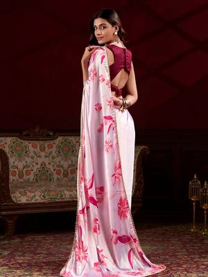 light pink satin pearl work saree with blouse 3