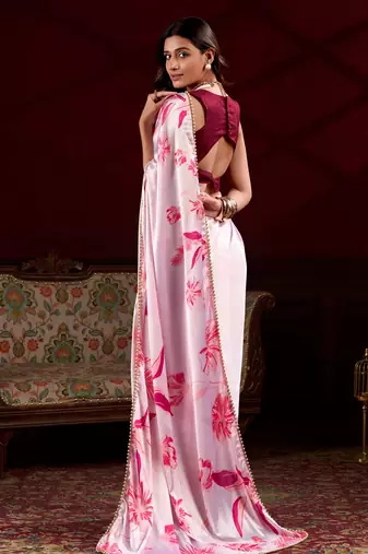 light pink satin pearl work saree with blouse