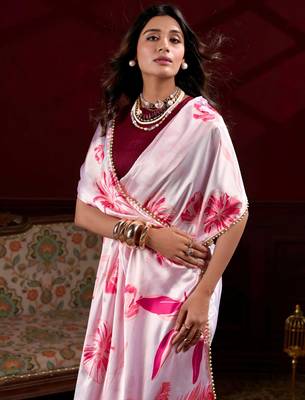 light pink satin pearl work saree with blouse 5