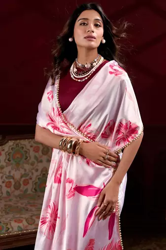light pink satin pearl work saree with blouse