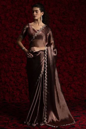 Rust zarkan handwork tissue silk festival wear saree with blouse
