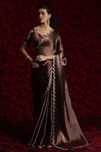 Rust zarkan handwork tissue silk festival wear saree with blouse