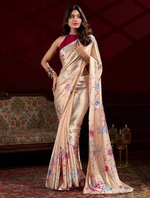 cream satin floral printed saree 1