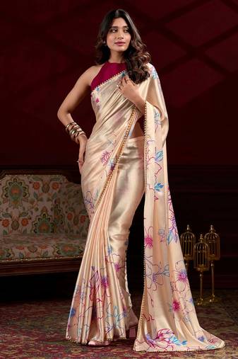 cream satin floral printed saree