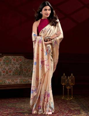 cream satin floral printed saree 2