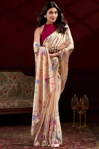 cream satin floral printed saree