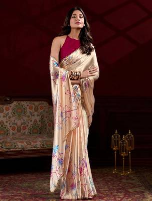 cream satin floral printed saree 3