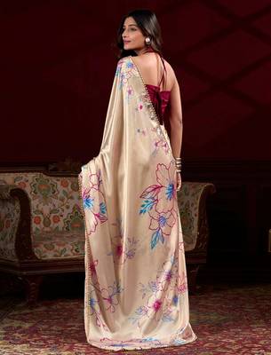 cream satin floral printed saree 4