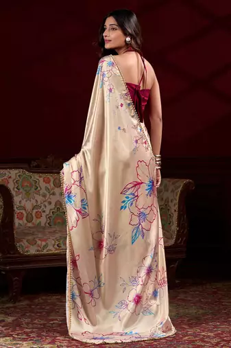 cream satin floral printed saree