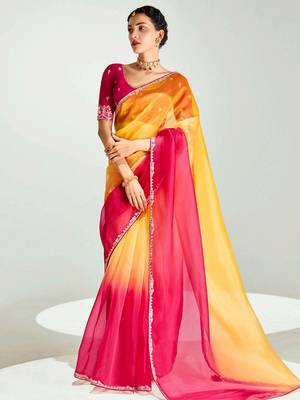 mustard yellow ombre organza border saree with blouse 1