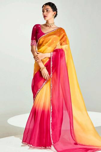mustard yellow ombre organza border saree with blouse