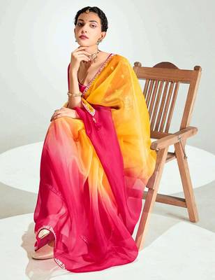 mustard yellow ombre organza border saree with blouse 2