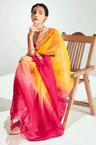 mustard yellow ombre organza border saree with blouse