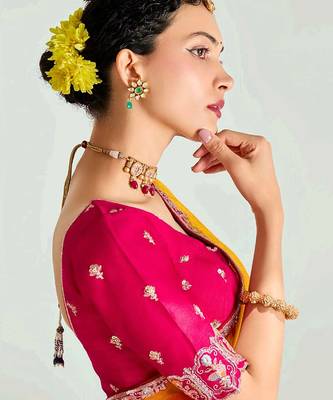 mustard yellow ombre organza border saree with blouse 3
