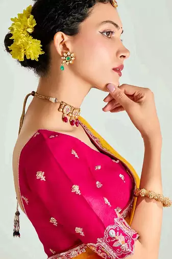mustard yellow ombre organza border saree with blouse