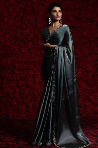 Blue zarkan handwork tissue silk festival wear saree with blouse
