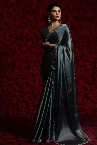 Blue zarkan handwork tissue silk festival wear saree with blouse