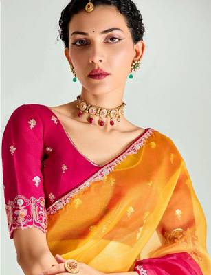 mustard yellow ombre organza border saree with blouse 4