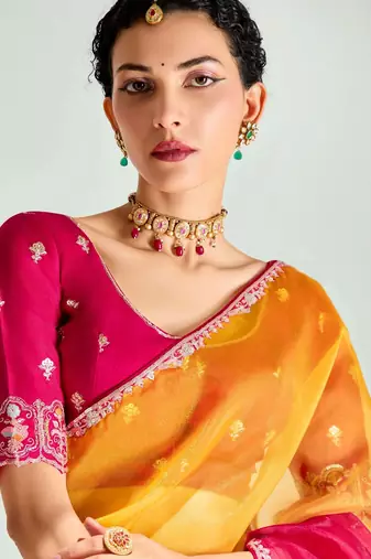 mustard yellow ombre organza border saree with blouse